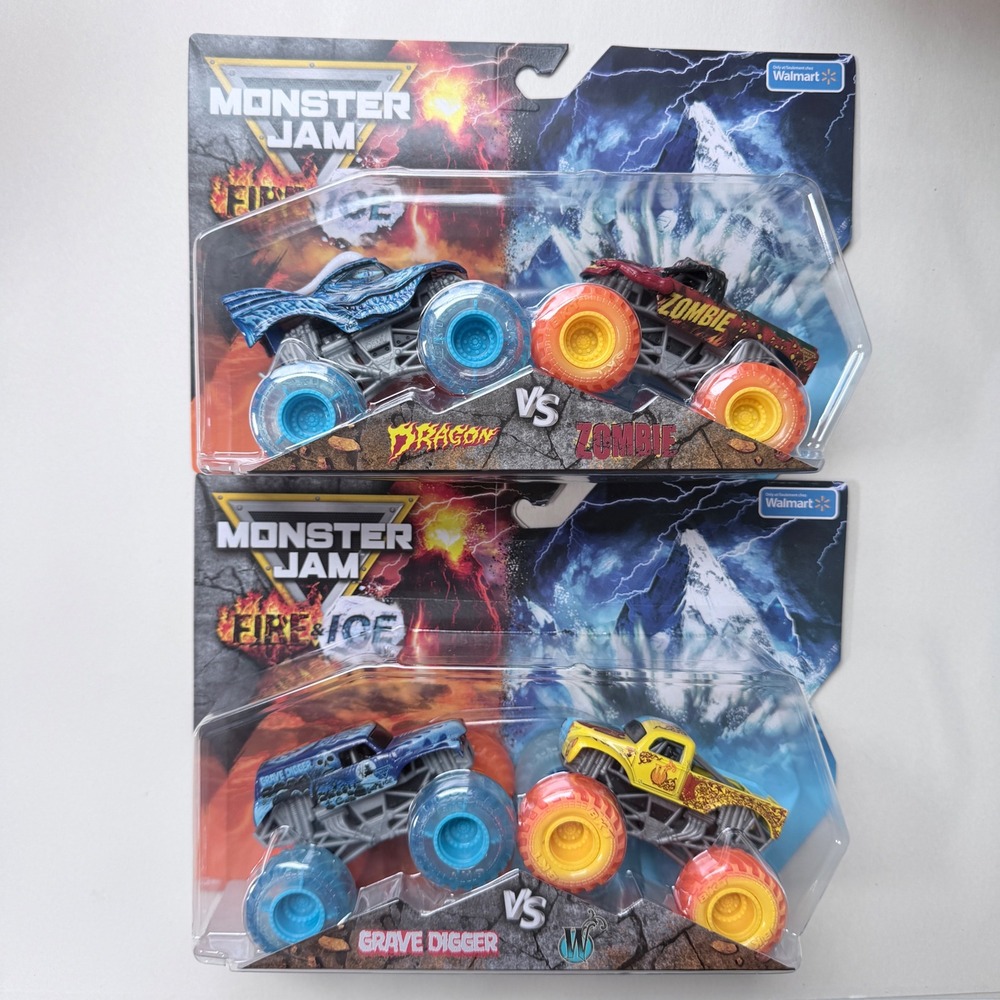 Monster Jam Fire & Ice Split 2-Pack Grave Digger Dragon Zombie whiplash 1:64